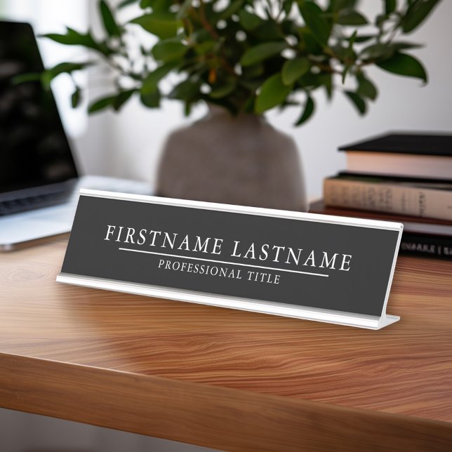 Basic Black White with Name Title Simple Line Desk Name Plate (Custom Name Plate - Executive Desk Sign with Name and title or other text)