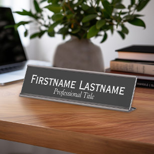 Basic Black with White Name and Professional Title Desk Name Plate