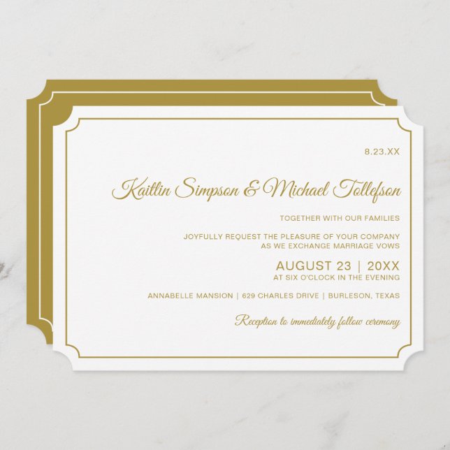 Basic Border Elegant Wedding Invitations (Gold) (Front/Back)