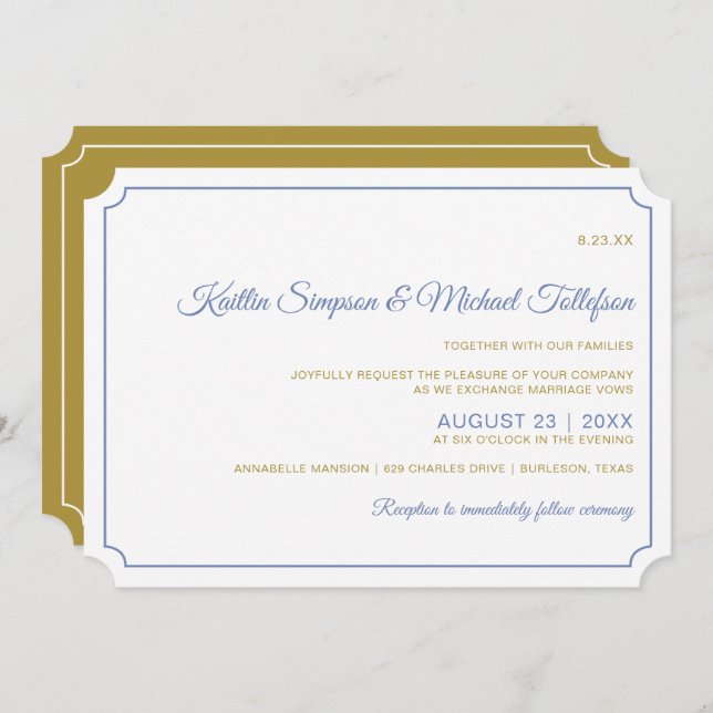 Basic Border Wedding Invitations- Blue-Grey & Gold Invitation (Front/Back)