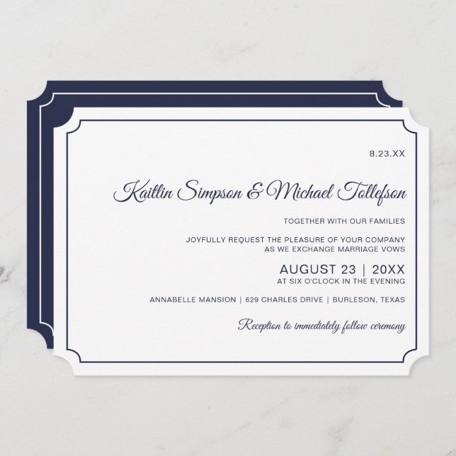 Basic Border Wedding Invitations (Dark Navy Blue) (Front/Back)