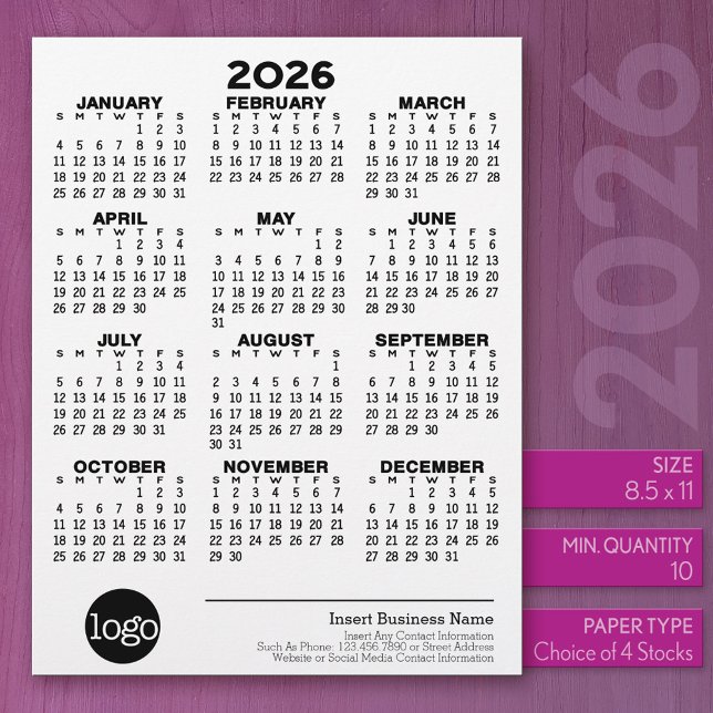 Basic Business Office Logo with Calendar Custom Letterhead (2026 Calendar)