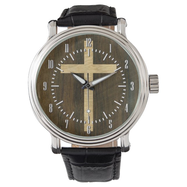 Basic Christian Cross Wooden Veneer Maple Rosewood Watch (Front)