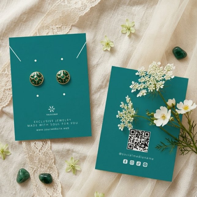 Basic Deep Teal Jewellery Display Logo TMF26 Business Card (Basic Minimalist Deep Teal Jewelry Display Card Template, featuring Business Logo, Custom QR Code.)