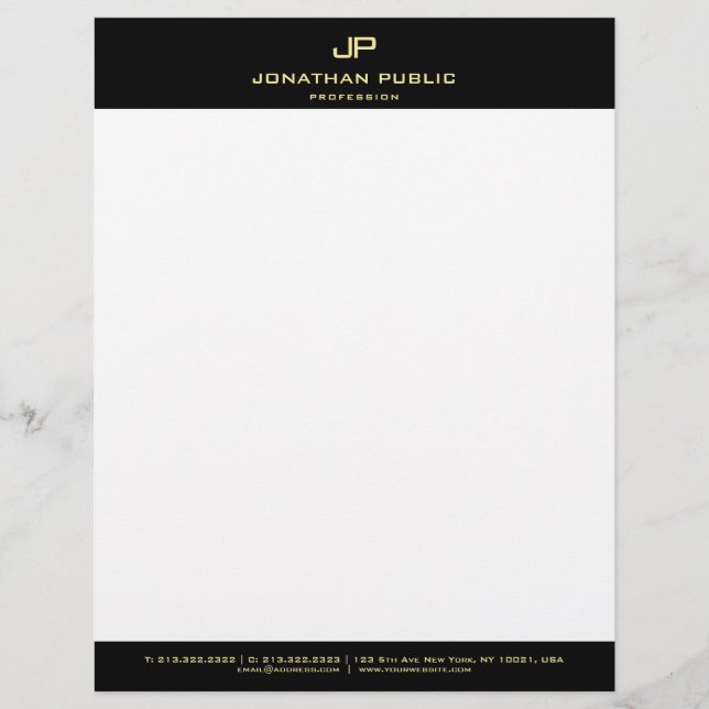 Basic Elegant Black Gold Monogram Simple Modern Custom Letterhead (Front)