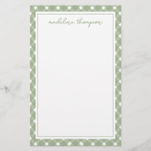 Basic Gingham Sage Green Border Stationery