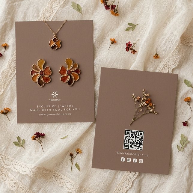 Basic Mocha Brown Jewellery Display Logo TMF26 Business Card (Basic Minimalist Mocha Brown Jewelry Display Card Template, featuring Business Logo, Custom QR Code.)