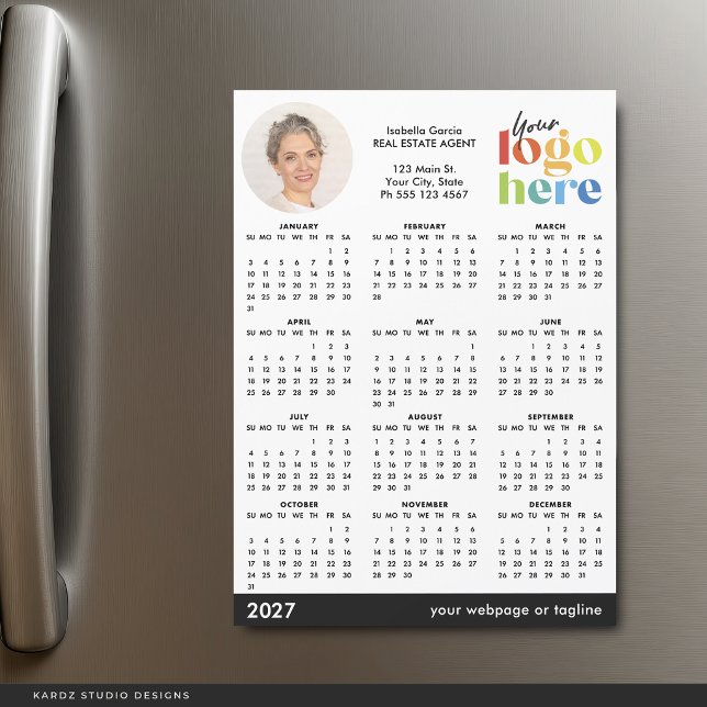 Basic Modern Photo Logo 2027 Magnetic Calendar (Add your own photo, Name, Contact Information and business logo to this calendar card)