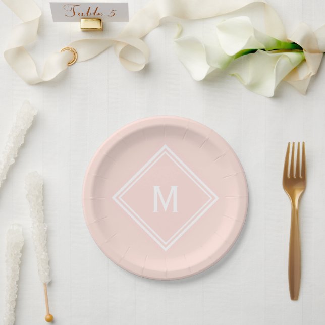 Basic Modern Stylish Peach Custom Monogram Paper Plate (Wedding)