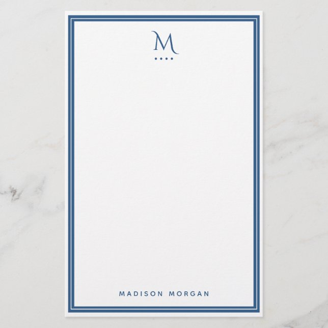 Basic Monogram Navy Blue Border Personalised  Stationery (Front)