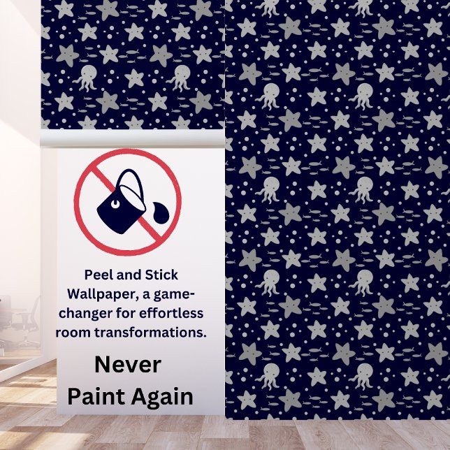 Basic Navy Blue Grey Kids Nautical Starfish Squid Wallpaper (Creator Uploaded)