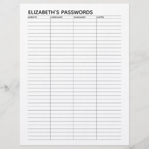 Basic Password Tracker with Username and Notes Custom Letterhead