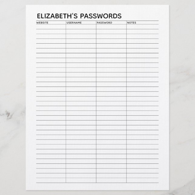 Basic Password Tracker with Username and Notes Custom Letterhead (Front)
