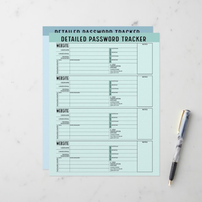 Basic Password Tracker with Username and Notes Custom Letterhead (Front/Back In Situ)