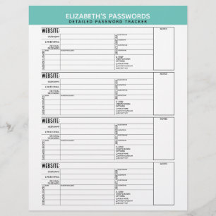 Basic Password Tracker with Username and Notes Custom Letterhead
