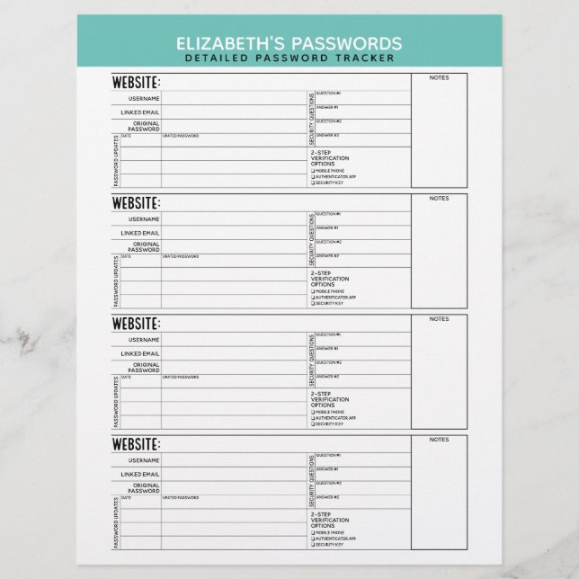 Basic Password Tracker with Username and Notes Custom Letterhead (Front)