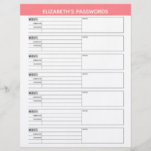 Basic Password Tracker with Username and Notes Let Custom Letterhead