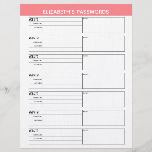 Basic Password Tracker with Username and Notes Let Custom Letterhead (Front)