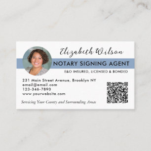 Basic Photo QR Notary Signing Loan Agent Navy Blue Business Card