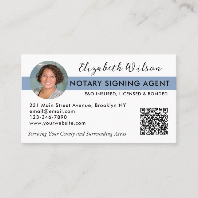 Basic Photo QR Notary Signing Loan Agent Navy Blue Business Card (Front)