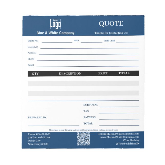 Basic Professional Service Business Blue Quote  Notepad (Front)