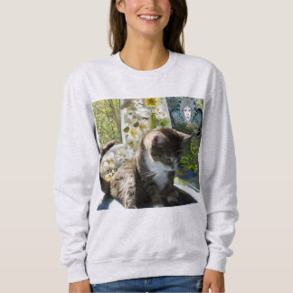 Basic Sweatshirt with Cute Cat, Flowers and Fairy