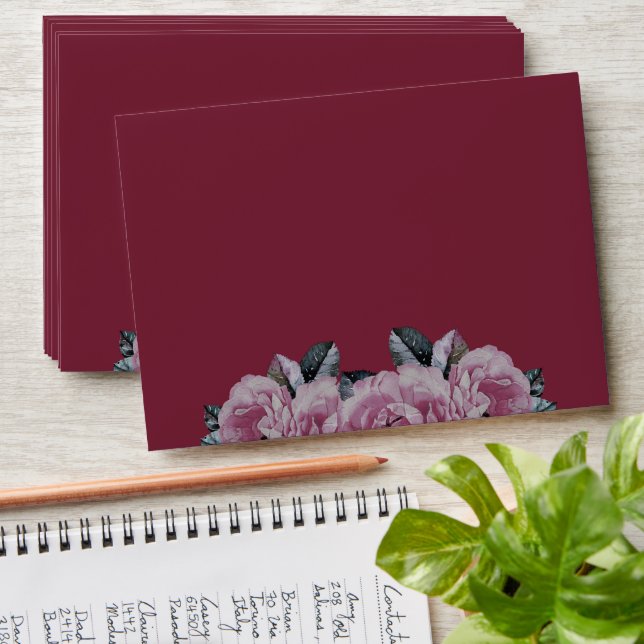 Basic Watercolor Floral Rose Pink Wedding Envelope (Stacked)