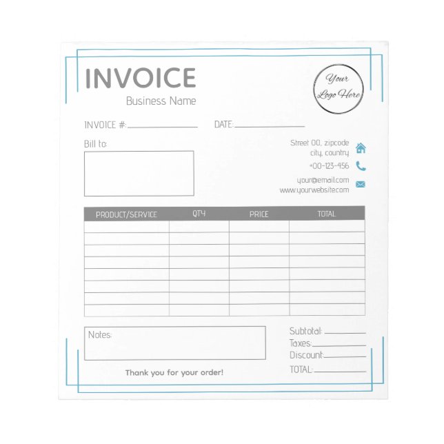 Basic white blue with logo small business invoice notepad (Front)