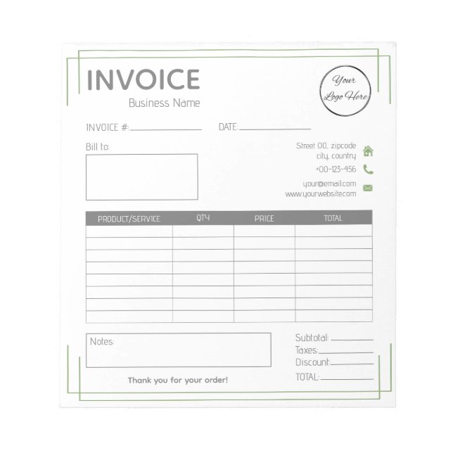 Basic white green with logo small business invoice notepad (Front)