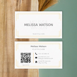 Basic white orange QR code simple Business Card