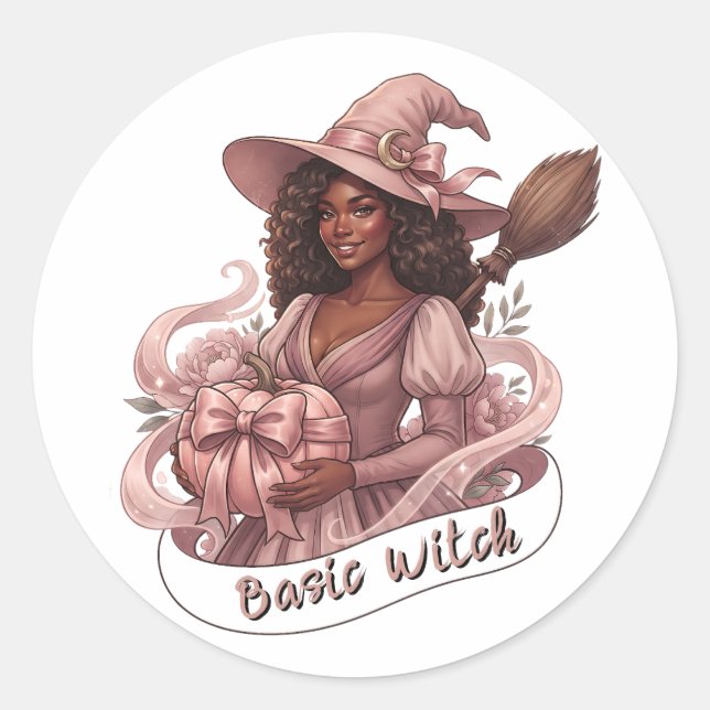 Basic Witch Black Girl Magic Pink Pumpkin Classic Round Sticker (Front)