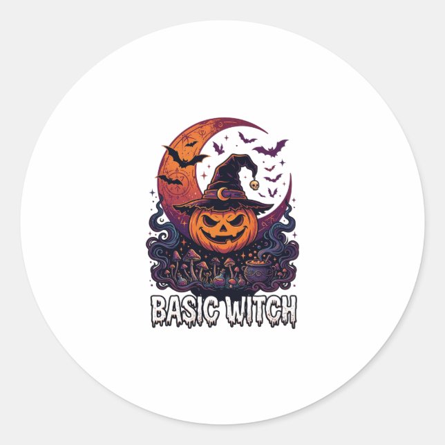Basic Witch Halloween Pumpkin Crescent Moon Cauldr Classic Round Sticker (Front)