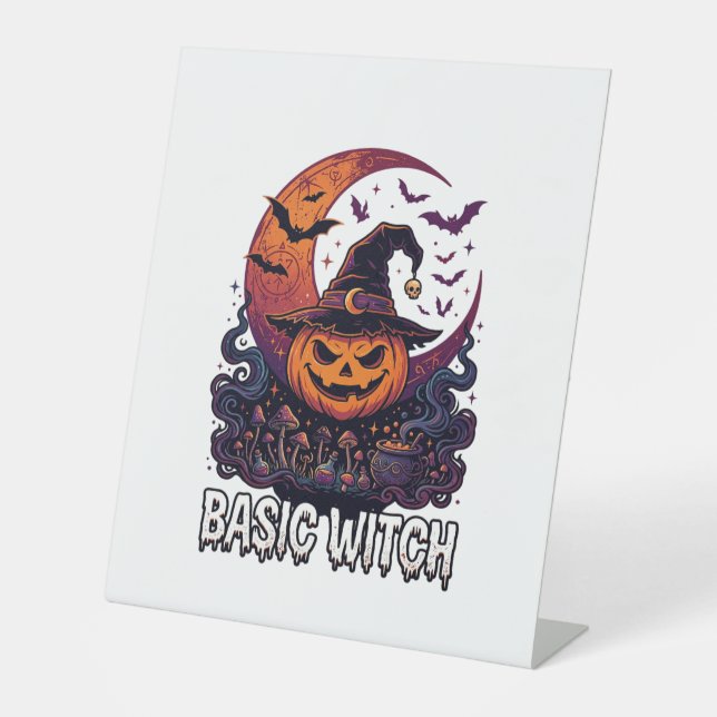 Basic Witch Halloween Pumpkin Crescent Moon Cauldr Pedestal Sign (Front)