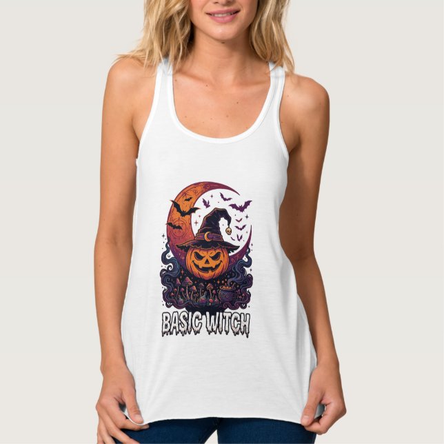Basic Witch Halloween Pumpkin Crescent Moon Cauldr Singlet (Front)