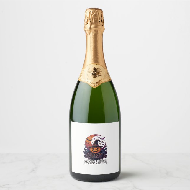 Basic Witch Halloween Pumpkin Crescent Moon Cauldr Sparkling Wine Label (Front)
