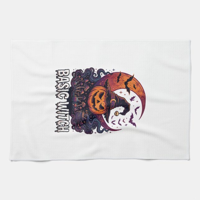 Basic Witch Halloween Pumpkin Crescent Moon Cauldr Tea Towel (Horizontal)