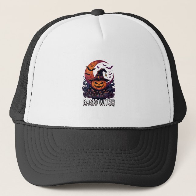 Basic Witch Halloween Pumpkin Crescent Moon Cauldr Trucker Hat (Front)