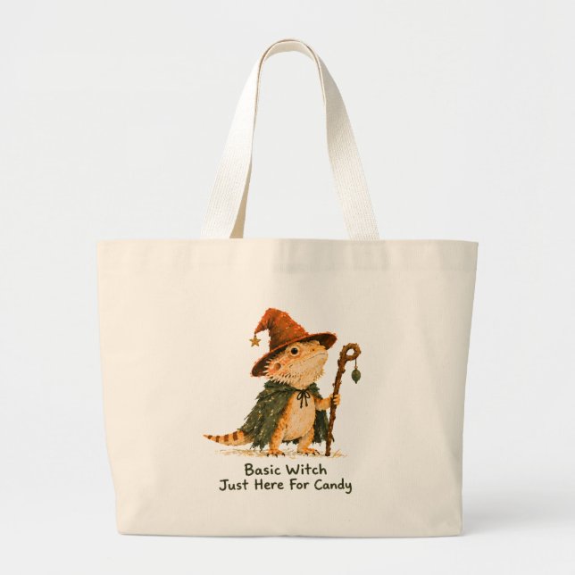 Basic Witch Just Here For Candy Bearded Dragon     Large Tote Bag (Front)