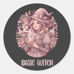 Basic Witch Pink Boba Tea Coquette Halloween Classic Round Sticker
