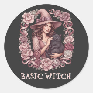 Basic Witch Pink Floral Witch & Black Cat Coquette Classic Round Sticker