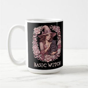 Basic Witch Pink Floral Witch & Black Cat Coquette Coffee Mug