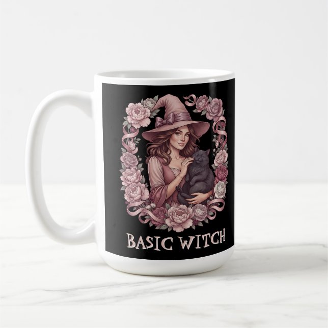 Basic Witch Pink Floral Witch & Black Cat Coquette Coffee Mug (Left)