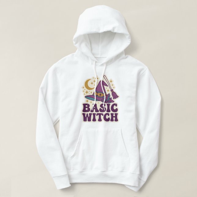 Basic Witch Retro Hat Broom Crystal Halloween Art Hoodie (Design Front)