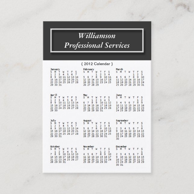 Basic with Dark Grey 2012 CALENDAR Business Cards (Front)