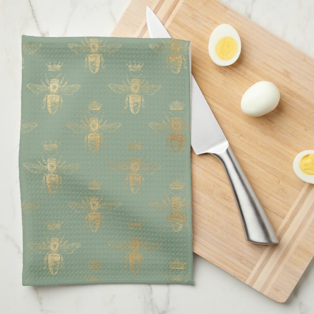 Basil Green and Gold Queen Bee  Tea Towel (Quarter Fold)