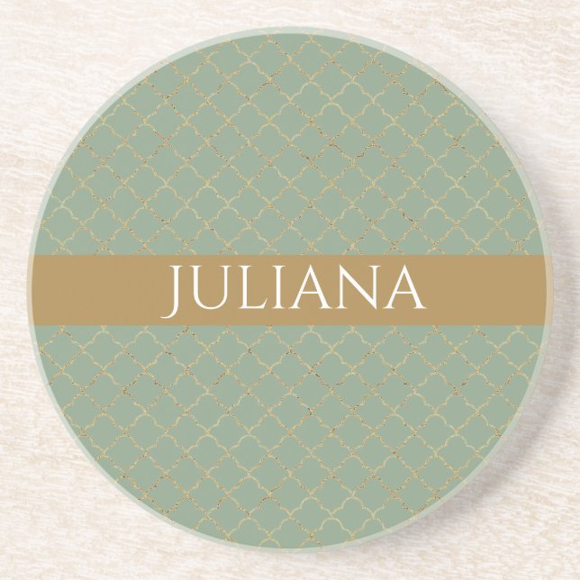 Basil Green Gold Quatrefoil Personalised  Coaster (Front)