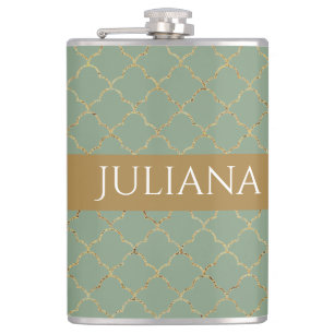 Basil Green Gold Quatrefoil Personalised  Hip Flask