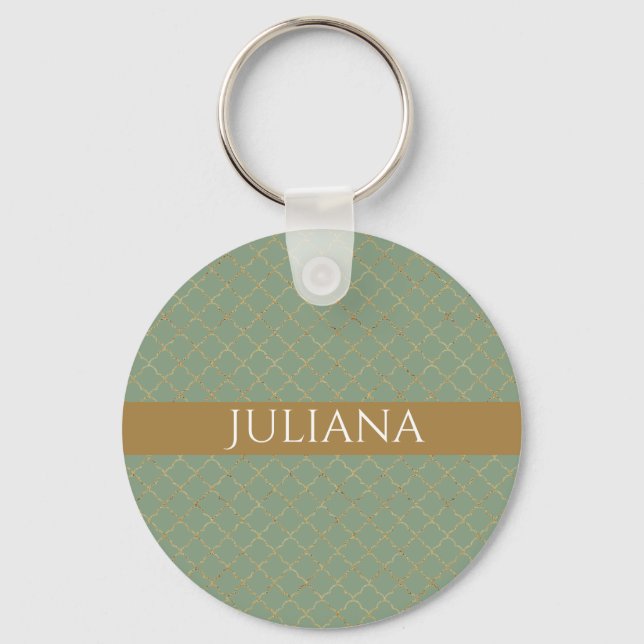 Basil Green Gold Quatrefoil Personalised  Key Ring (Front)