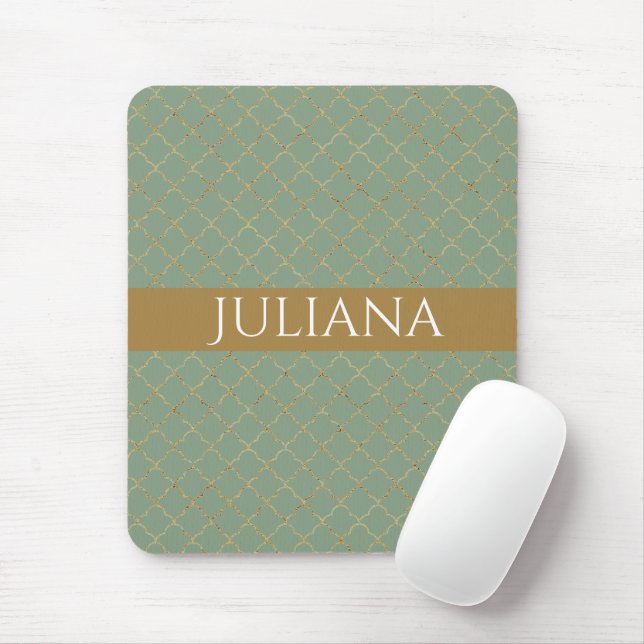 Basil Green Gold Quatrefoil Personalised  Mouse Pad (With Mouse)