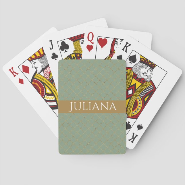 Basil Green Gold Quatrefoil Personalised  Playing Cards (Back)